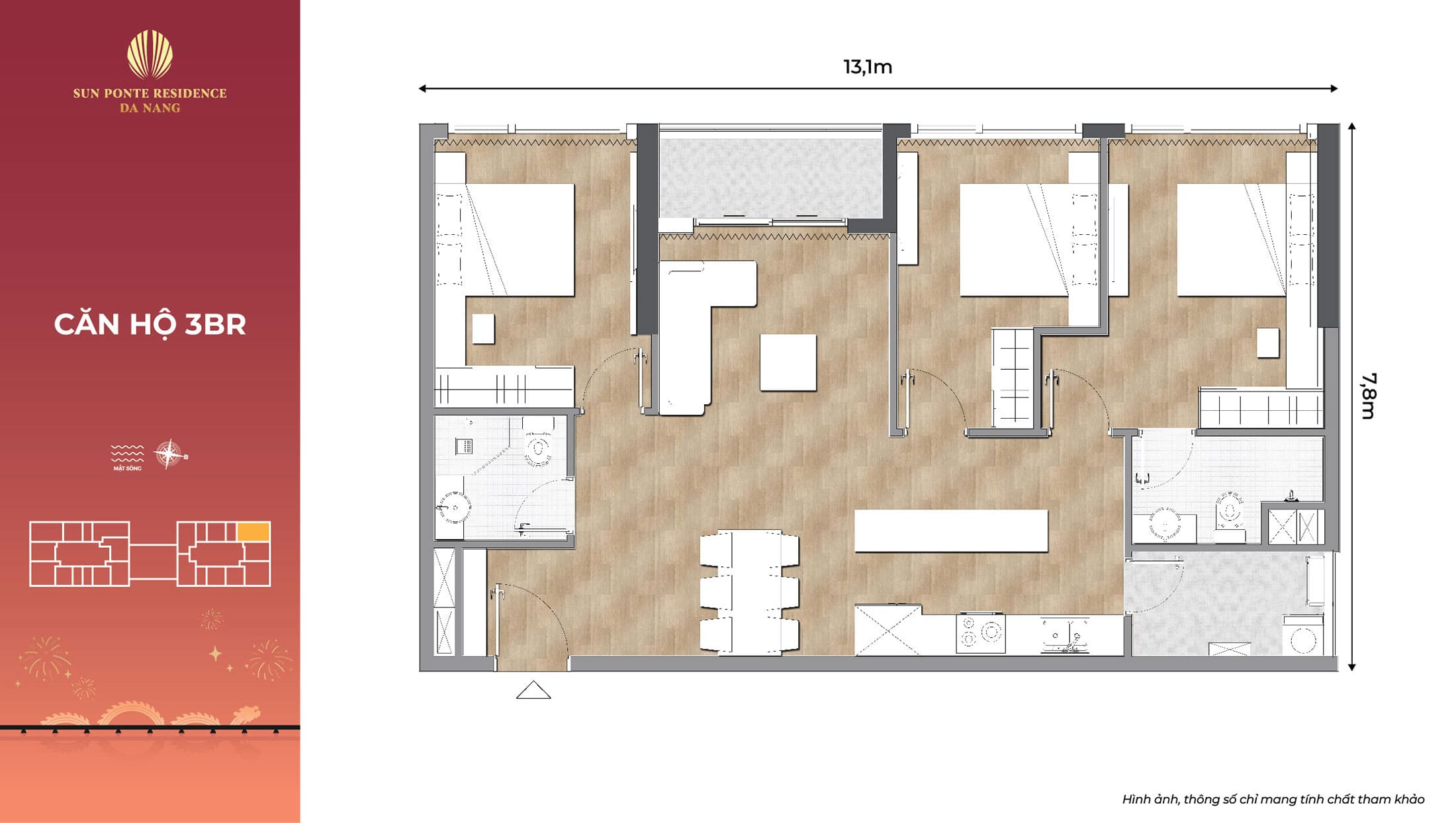 Layout thiết kế căn hộ cao cấp 3BR tại dự án Sun Ponte Residence Đà Nẵng.