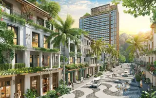 Phố đi bộ xanh mát tại Xanh Island Cát Bà, nơi hội tụ kiến trúc độc đáo và dịch vụ đẳng cấp.