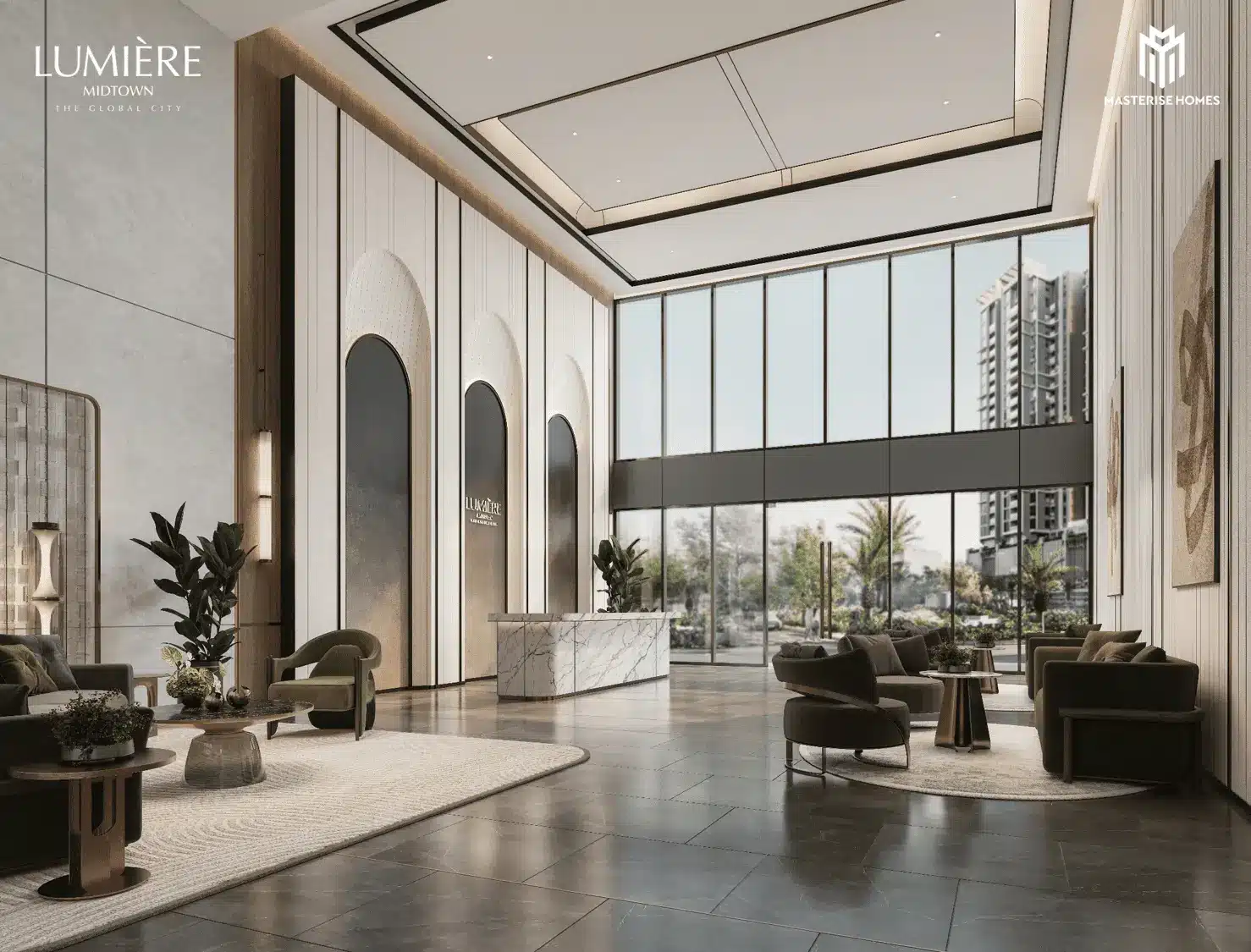 Sảnh đón khách tại LUMIÈRE Midtown, kết nối giữa sự hiện đại của New York và thiên nhiên xanh mát.